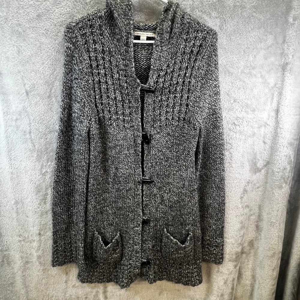 Carolyn Taylor Womens‎ L Gray Marled Knit Hooded Cardigan Grandma Gorpcore Cozy - Picture 2 of 6